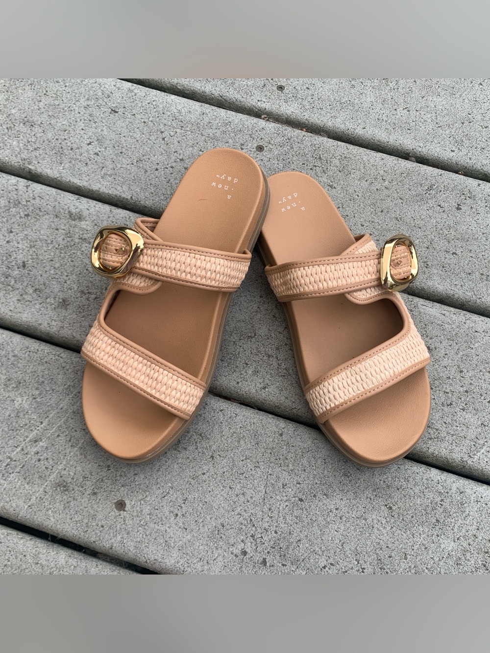Boho Tan Slide Sandals with Gold Buckle Accent